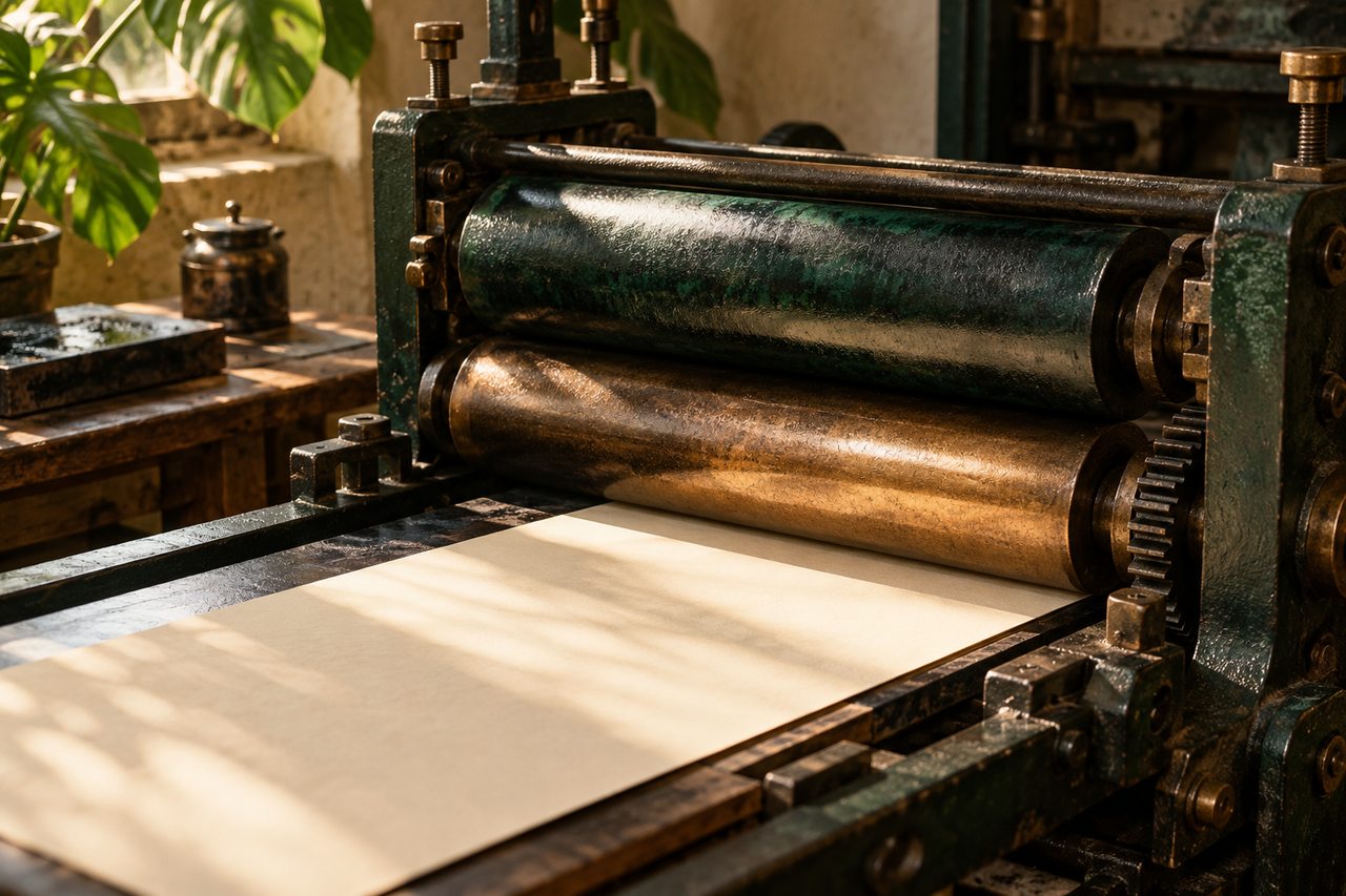 Editorial illustration of printing rollers feeding an unmarked sheet of paper.