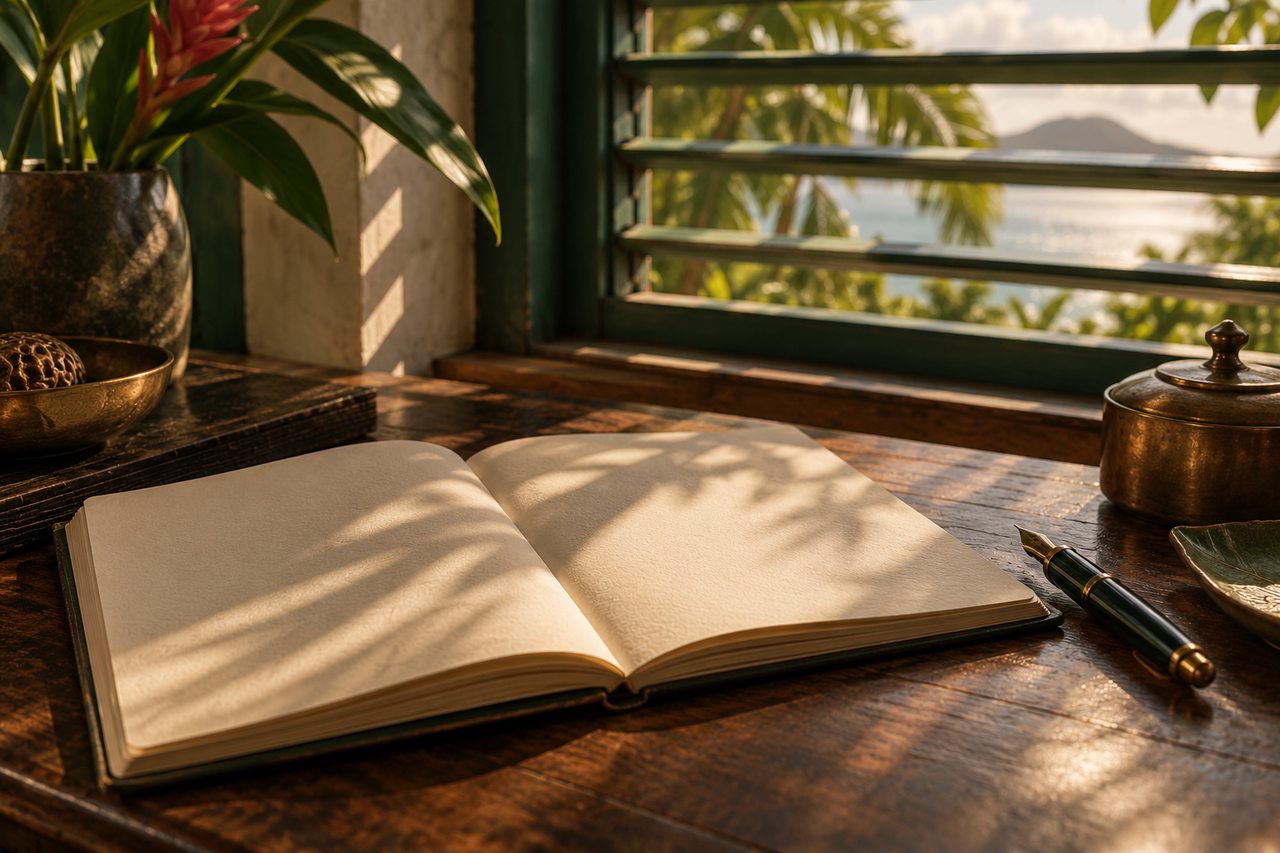 Editorial illustration of a blank notebook and fountain pen in afternoon light.