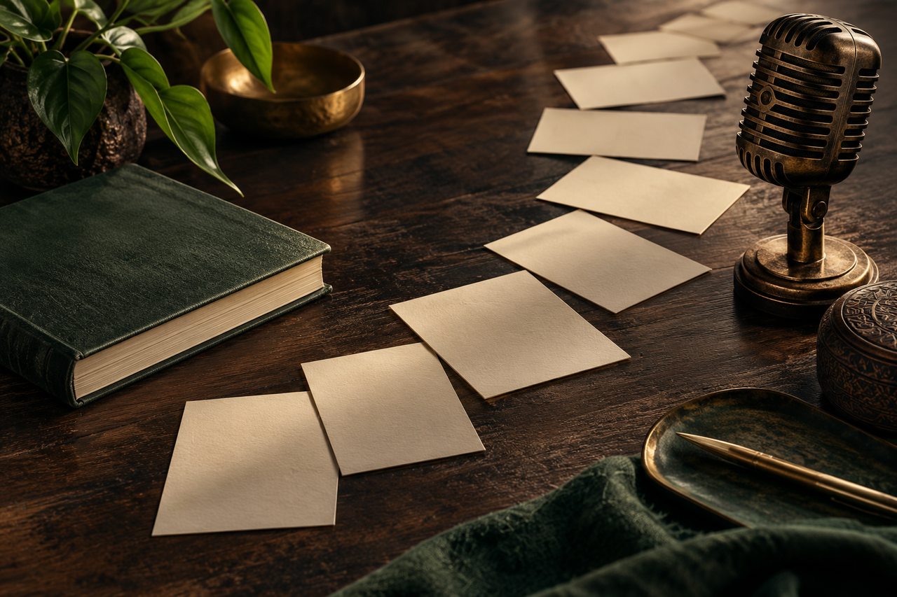 Editorial illustration of blank cards forming a sequence between a book and microphone.